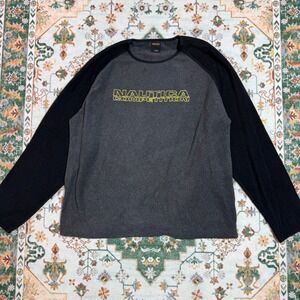 Nautica Competition Long Sleeve Raglan Shirt Mens XL Gray Yellow Spellout Fleece
